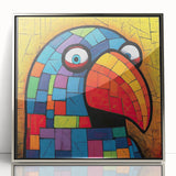 Framed wall art showcasing a vibrant collection of parrot designs, featuring intricate details and a sleek silver frame, ideal for bird lovers and modern decor.