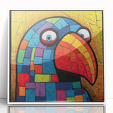 Framed wall art showcasing a vibrant collection of colorful parrots on a white background, perfect for enhancing any room's decor and adding a tropical touch.