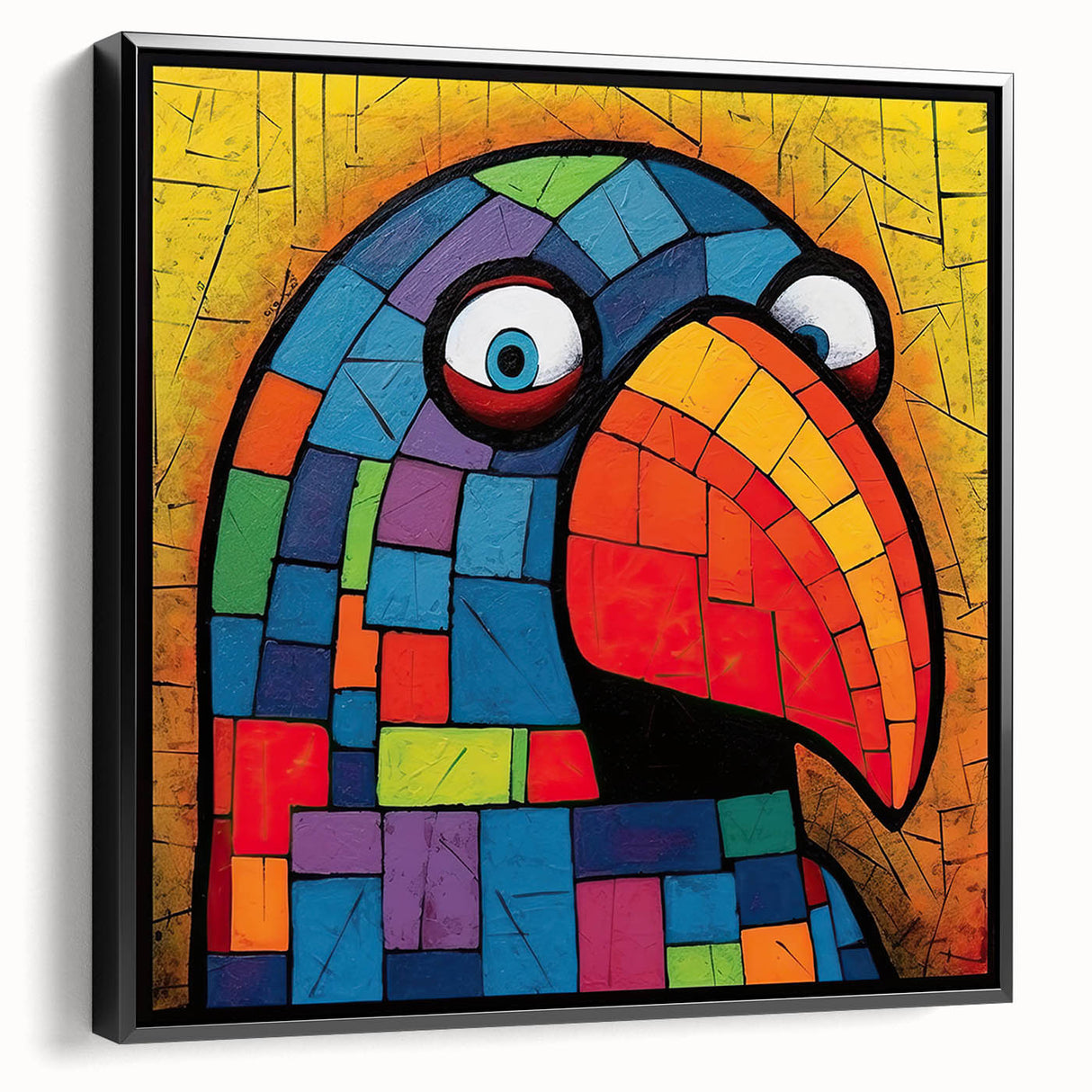 Framed wall art showcasing a vibrant collection of parrot designs in colorful hues, displayed in a sleek black frame, perfect for bird lovers and home decor enthusiasts.