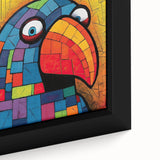Vibrant close-up of a framed canvas wall art featuring a colorful parrot design, showcasing intricate details and textures against a bright background, ideal for animal lovers' décor.