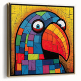 Framed canvas wall art featuring a vibrant design of colorful parrots set against a gold background, ideal for adding a tropical touch to home decor.