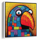 Framed canvas wall art featuring a vibrant design of colorful parrots perched among tropical leaves, showcasing intricate details and a white frame, perfect for home decor.