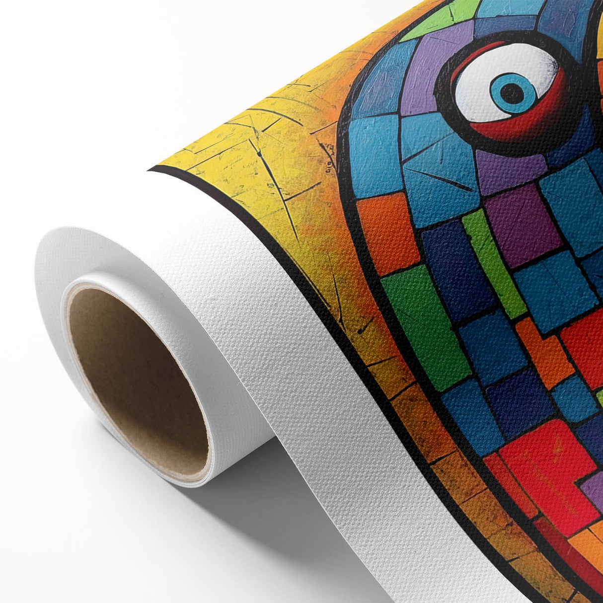 Colorful rolled canvas artwork showcasing a vibrant design of exotic birds and parrots, ideal for enhancing home decor or office spaces. The artwork features a blend of bright greens, yellows, and blues, showcasing the beauty of tropical wildlife. Perfect for bird lovers or as a statement piece in modern art collections.