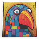 Colorful wall art featuring a vibrant collection of parrot designs on stretched canvas, ideal for home decor, showcasing tropical hues and intricate details. Perfect for bird lovers and enhancing interior spaces.