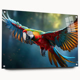 Acrylic wall art featuring a colorful collection of parrot designs, displayed from a side view with pins, perfect for adding a vibrant tropical theme to any space.