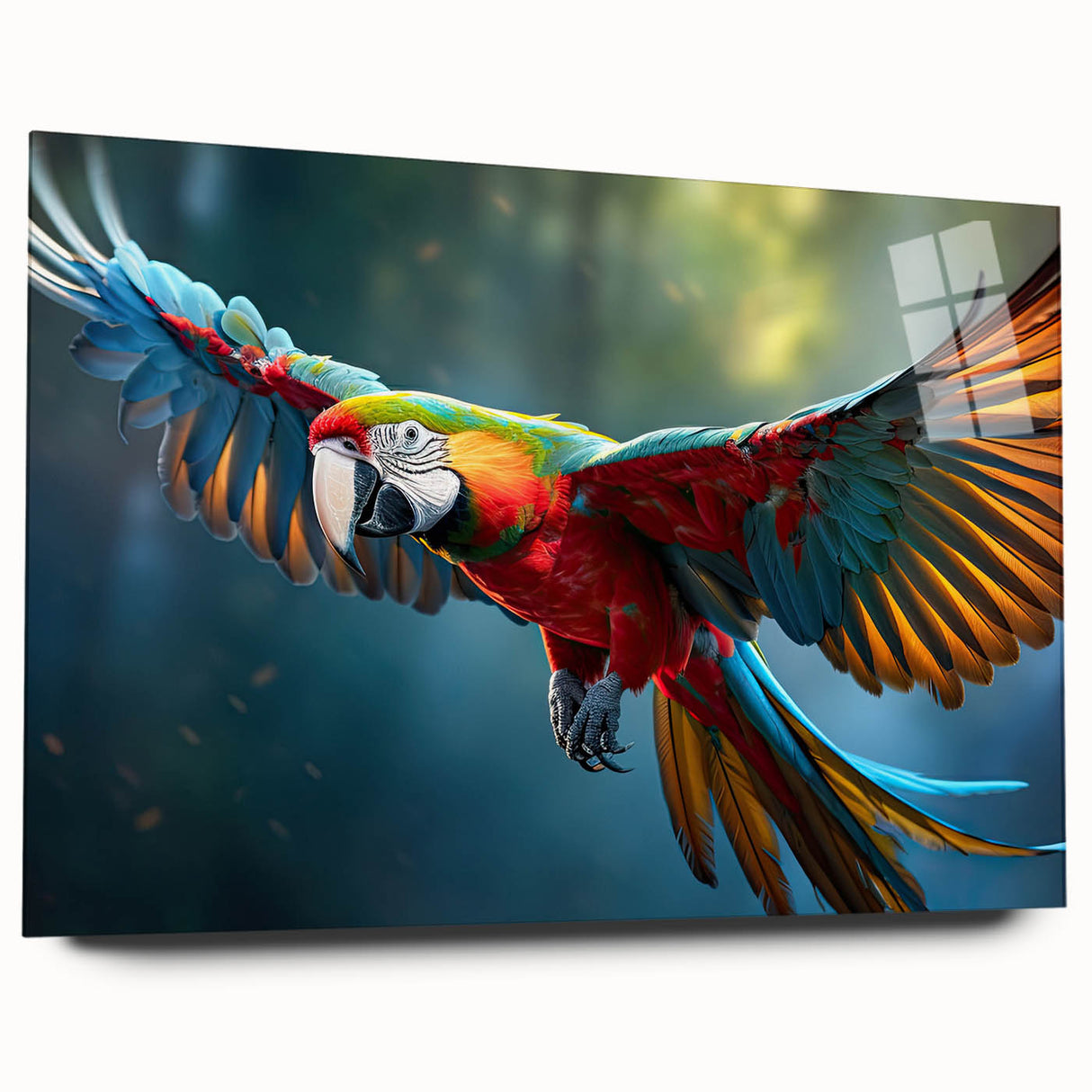 Colorful wall art design featuring vibrant parrots on an acrylic glass panel, showcasing a side view without pins, perfect for enhancing modern decor.