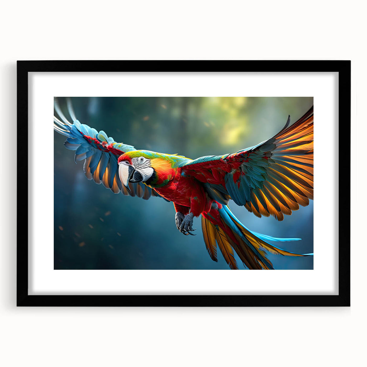 Framed wall art featuring a vibrant parrot design in a modern black frame, showcasing a colorful nature scene ideal for home decor and bird enthusiasts.