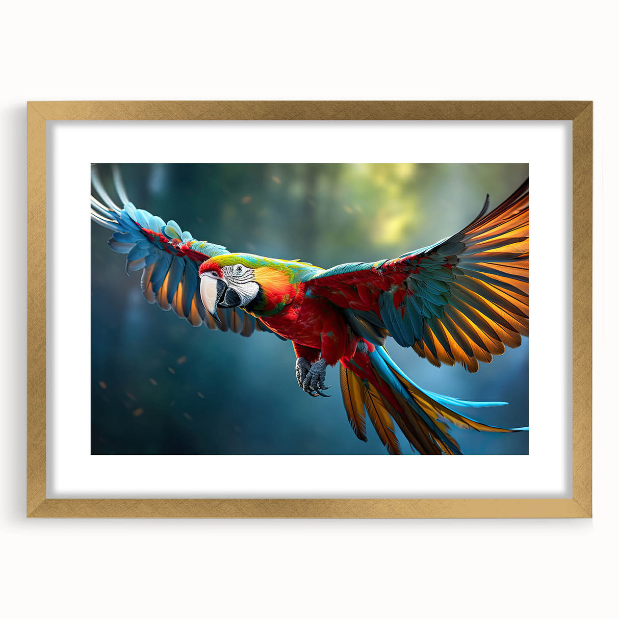 Framed wall art featuring a vibrant parrot design in gold tones, showcasing tropical birds against a stylish mat backdrop, perfect for home decor enhancement.