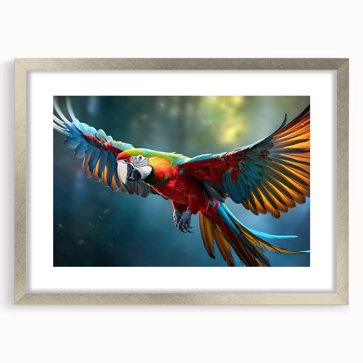 Framed wall art showcasing a vibrant collection of colorful parrots, displayed in a sleek silver frame with a mat, ideal for enhancing modern decor aesthetics.