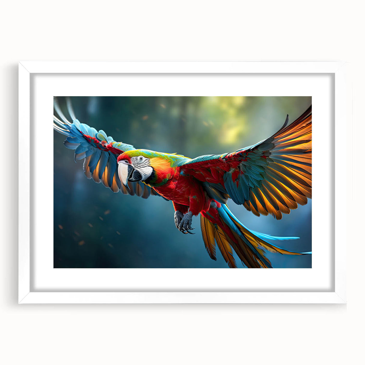 Framed wall art featuring a vibrant parrot design, showcasing colorful birds on a white background, perfect for enhancing modern home decor and adding a tropical touch.