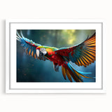 Framed wall art featuring a vibrant parrot design, showcasing colorful birds on a white background, perfect for enhancing modern home decor and adding a tropical touch.
