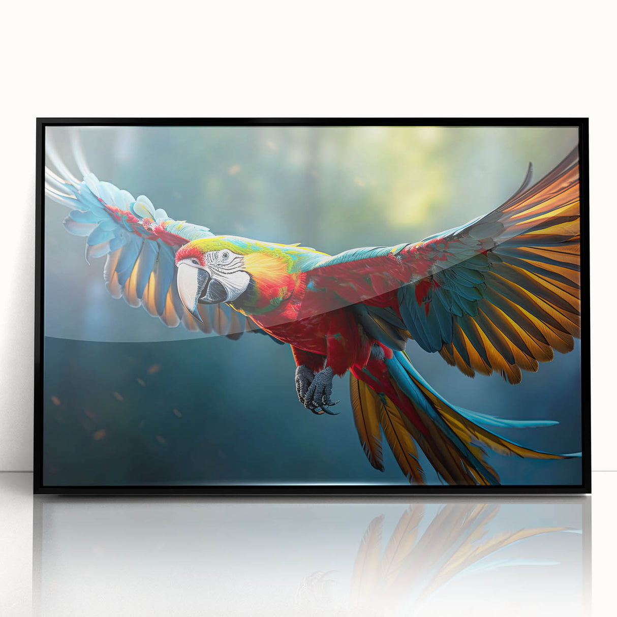 Framed wall art featuring a vibrant design of colorful parrots perched on branches, set against a sleek black background, ideal for home decor and bird enthusiasts.