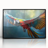 Framed wall art featuring a vibrant design of colorful parrots perched on branches, set against a sleek black background, ideal for home decor and bird enthusiasts.