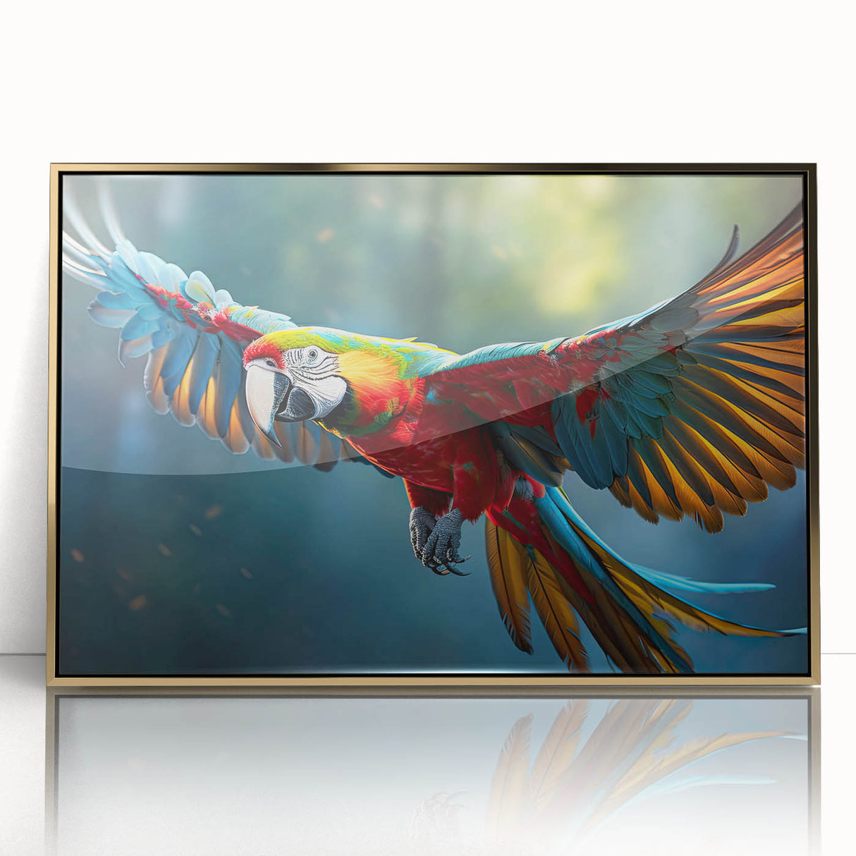 Framed wall art featuring colorful parrot designs on a gold-acrylic background, showcasing vibrant tropical birds in a modern style, perfect for home decor.