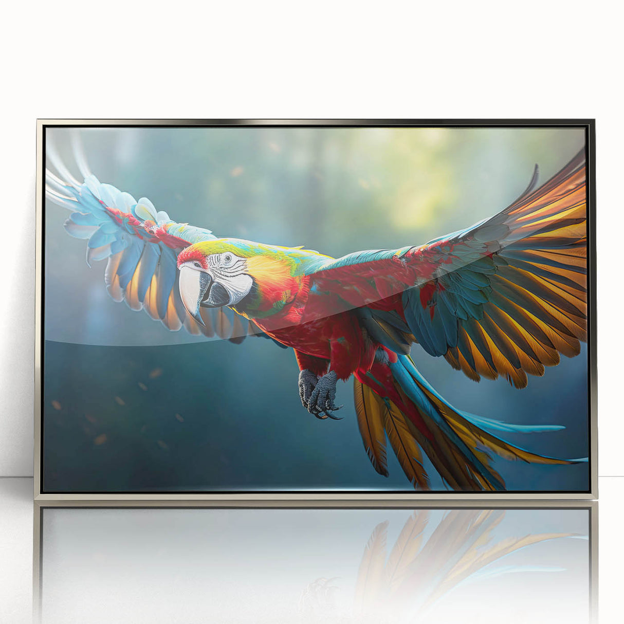 Framed wall art featuring a vibrant collection of colorful parrots in an acrylic display, set against a sleek silver frame, perfect for enhancing any modern decor.