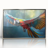 Framed wall art featuring a vibrant collection of colorful parrots in an acrylic display, set against a sleek silver frame, perfect for enhancing any modern decor.
