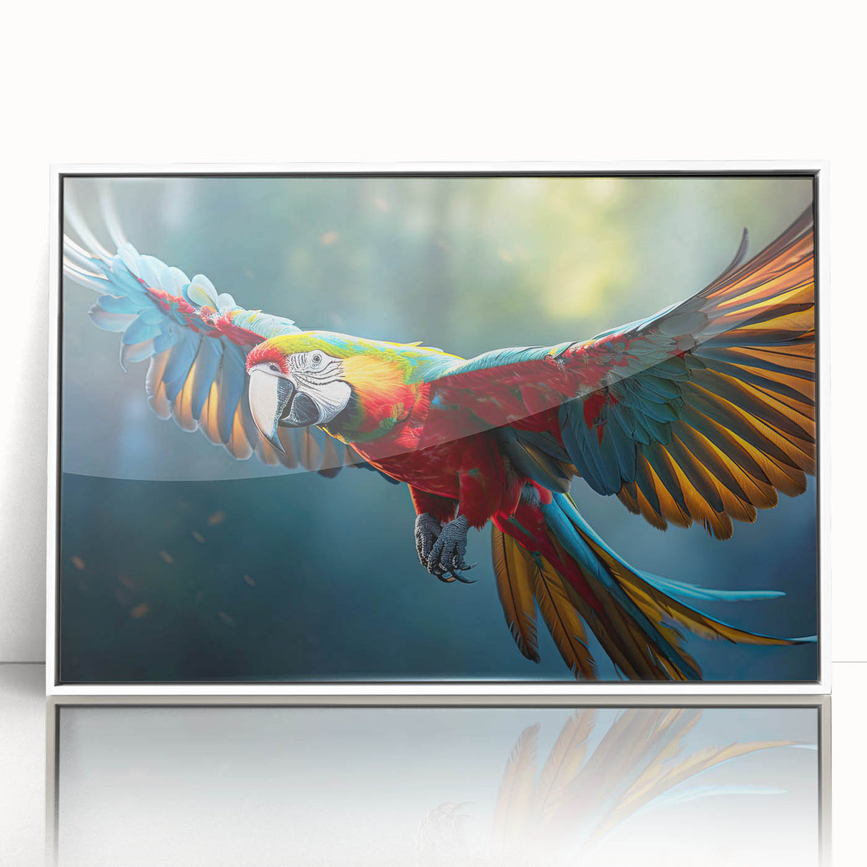 Framed wall art showcasing a colorful parrot design on acrylic, featuring a sleek white border, ideal for adding a vibrant touch to any modern decor.