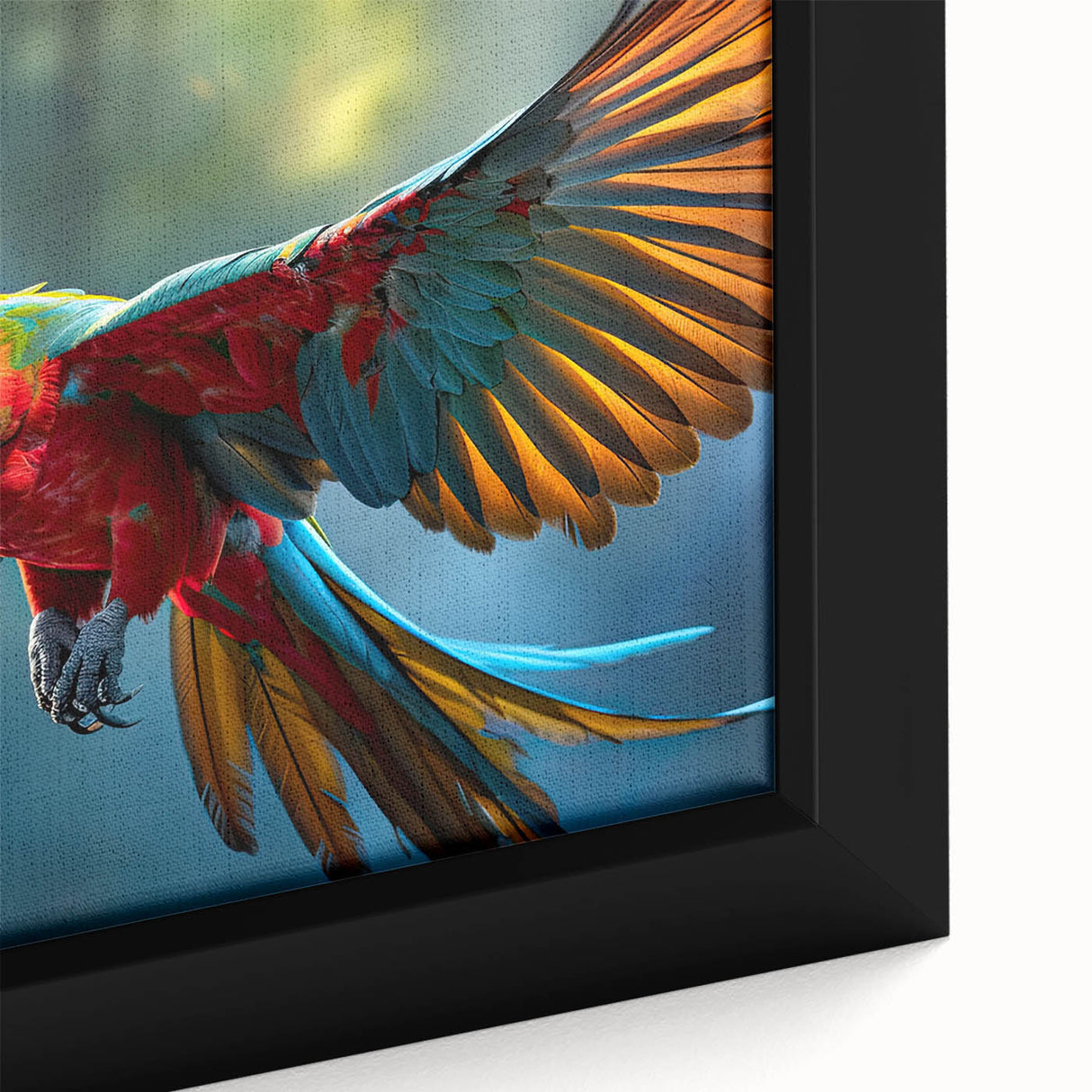 Vibrant close-up of a framed canvas wall art featuring colorful parrots perched amidst lush greenery, showcasing intricate details and vivid colors for a lively home decor accent.
