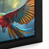 Vibrant close-up of a framed canvas wall art featuring colorful parrots perched amidst lush greenery, showcasing intricate details and vivid colors for a lively home decor accent.
