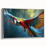 Framed canvas wall art showcasing a vibrant parrot design in silver hues, perfect for adding a colorful touch to any modern decor. Ideal for bird lovers and art enthusiasts.