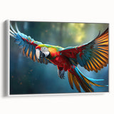 Framed canvas wall art featuring a vibrant design of colorful parrots perched on branches against a white background, ideal for brightening home décor.