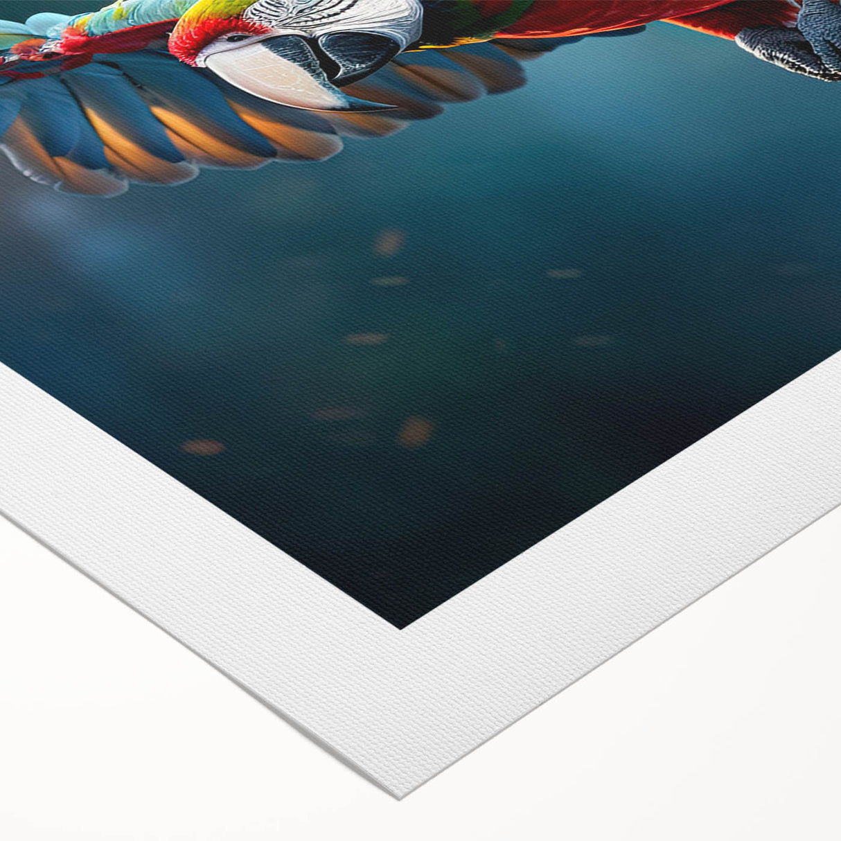 Colorful rolled canvas wall art showcasing a vibrant design of various parrots amid lush greenery, perfect for adding a tropical touch to any space.