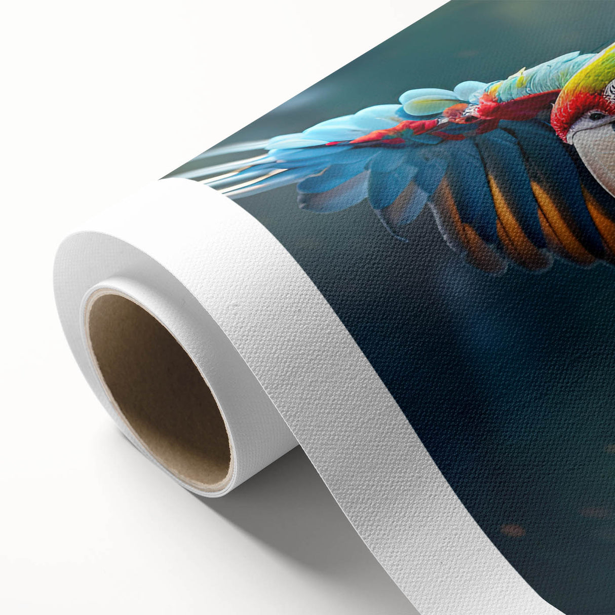 Colorful rolled canvas depicting a vibrant collection of parrot designs, showcasing intricate details and textures, ideal for enhancing home decor with a tropical theme.