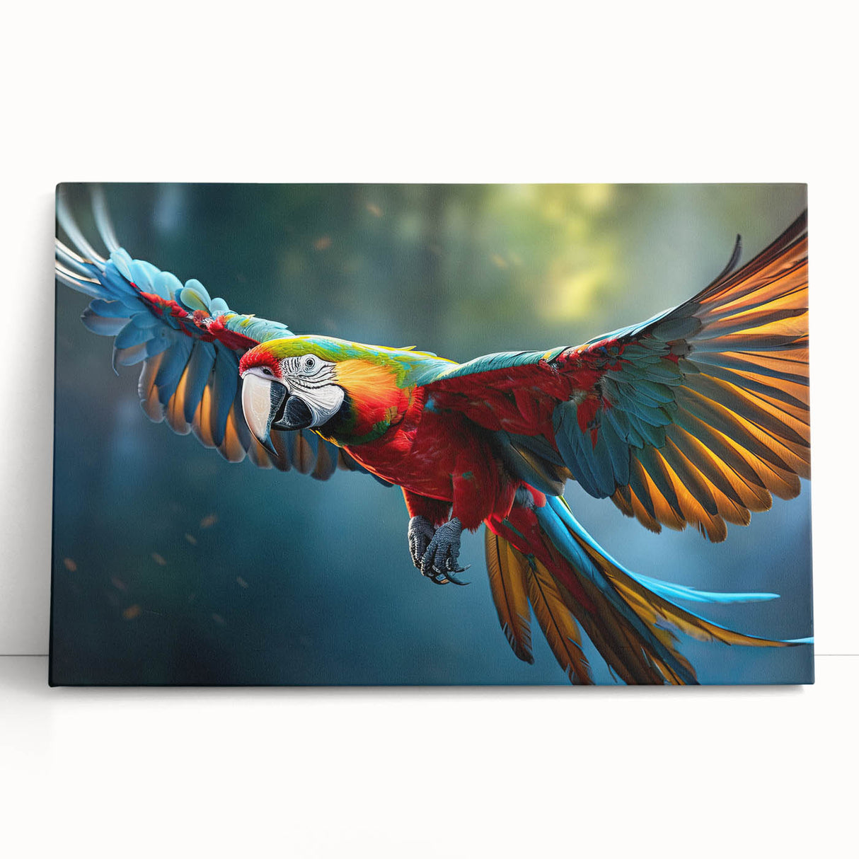 Colorful parrot wall art on stretched canvas, showcasing vibrant tropical birds against a lush green background, perfect for home decor or nature-inspired spaces.