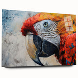 Colorful acrylic wall art collection showcasing vibrant parrot designs against a sleek glass backdrop, ideal for enhancing modern home decor.