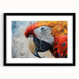 Colorful wall art featuring a collection of parrot designs in a sleek black frame with a mat, ideal for enhancing home decor and showcasing tropical themes.