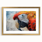 Elegant wall art featuring a collection of colorful parrot designs framed in gold with a mat, perfect for adding a vibrant touch to home decor. Ideal for bird lovers.