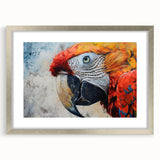 Framed wall art featuring a vibrant bird and parrot design, showcasing colorful details in a silver frame with a mat, perfect for enhancing home decor.