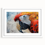 Colorful wall art collection featuring a framed design of various parrots, set in a white mat, showcasing vibrant bird illustrations in a contemporary style, perfect for home decor.