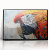 Framed wall art featuring a vibrant collection of parrot designs, showcasing colorful birds in a black acrylic frame, perfect for enhancing modern decor.