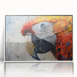 Framed wall art featuring a vibrant design of colorful parrots on a white background, ideal for enhancing contemporary home decor or as a unique gift.