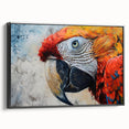 Framed wall art showcasing a vibrant collection of parrot designs on canvas, featuring a black frame and a side view perspective, perfect for tropical decor enthusiasts.