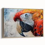 Framed canvas wall art featuring a vibrant parrot design in gold tones, showcasing a side view of tropical birds against a lush backdrop, perfect for home decor.
