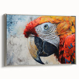 Framed wall art showcasing a vibrant collection of parrot designs on a textured canvas, featuring a silver frame that enhances the colorful artwork. Ideal for bird lovers and home decor enthusiasts.