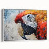 Framed canvas wall art featuring a vibrant collection of colorful parrots perched on branches, set against a white background, ideal for tropical-themed decor.