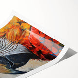 Colorful rolled print showcasing a vibrant collection of parrot wall art, featuring various species against a natural backdrop, perfect for bird lovers’ home decor.