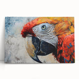 Vibrant stretched canvas wall art featuring a colorful collection of parrots, showcasing intricate details and lively colors, perfect for enhancing any room's decor.