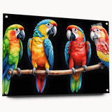 Colorful acrylic glass wall art showcasing a vibrant parrot design, elegantly displayed from the side with pins for hanging, perfect for tropical-themed decor.