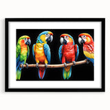 Framed wall art showcasing a vibrant parrot design in a black mat, perfect for adding a pop of color to any room. Ideal for bird lovers and home decor enthusiasts.
