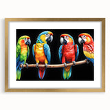 Framed wall art featuring a vibrant parrot design in gold accents, set against a white background, perfect for adding a tropical flair to home decor. The artwork is neatly matted, enhancing its visual appeal and making it an ideal choice for bird lovers and art enthusiasts.