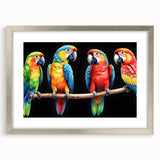 Framed wall art showcasing a vibrant collection of parrot designs in various colors, set in a sleek silver frame with a mat, perfect for enhancing home decor.