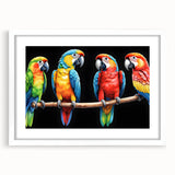Framed wall art featuring a vibrant parrot design in a white mat, showcasing colorful birds against a light background, perfect for tropical-themed decor.