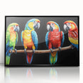 Framed acrylic wall art showcasing vibrant, colorful parrots against a sleek black background, perfect for adding a tropical touch to any room decor.