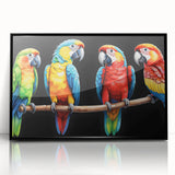 Framed acrylic wall art showcasing vibrant, colorful parrots against a sleek black background, perfect for adding a tropical touch to any room decor.