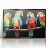 Framed wall art collection showcasing a vibrant design of colorful parrots perched on branches, featuring a sleek gold frame and acrylic front, perfect for home decor.