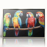 Framed wall art featuring a vibrant collection of colorful parrots, set within a sleek silver frame, ideal for enhancing home decor with a tropical theme.